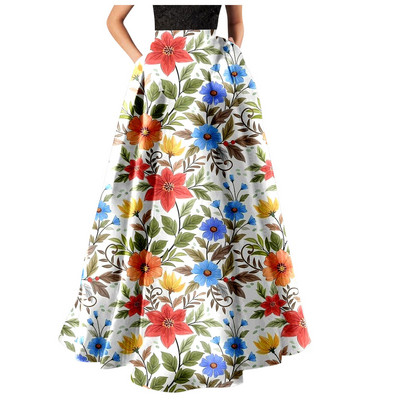 Naiste lillemustriga Maxi seelik kõrge vöökohaga tasku seelik Vintage lahtised elastsed pikad seelikud Elegantne naiste suvine vabaaja seelik