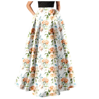 Naiste lillemustriga Maxi seelik kõrge vöökohaga tasku seelik Vintage lahtised elastsed pikad seelikud Elegantne naiste suvine vabaaja seelik