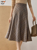 Elegantna ženska vunena plisirana suknja velike veličine Korejska modna pletena suknja visokog struka s patentnim zatvaračem A kroja za uredske dame Topla karirana suknja