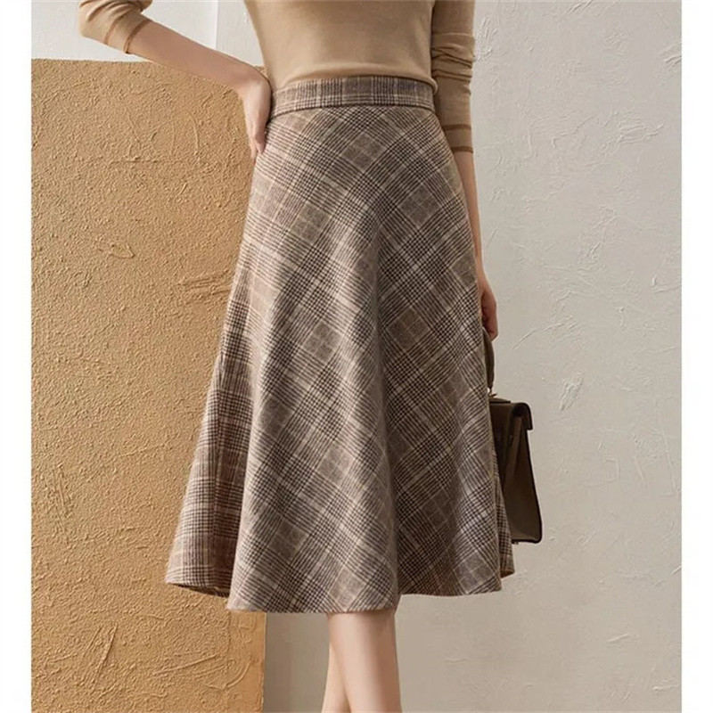 Elegantna ženska vunena plisirana suknja velike veličine Korejska modna pletena suknja visokog struka s patentnim zatvaračem A kroja za uredske dame Topla karirana suknja