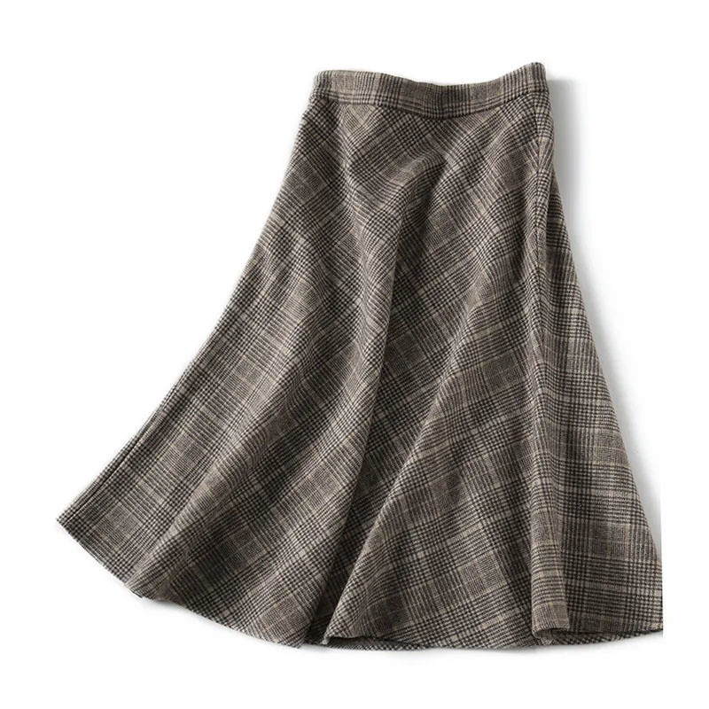 Elegantna ženska vunena plisirana suknja velike veličine Korejska modna pletena suknja visokog struka s patentnim zatvaračem A kroja za uredske dame Topla karirana suknja