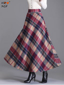Ležerna karirana pletena suknja veće veličine Jesen Zima Elastična suknja visokog struka A kroja Ulična ženska elegantna duga suknja