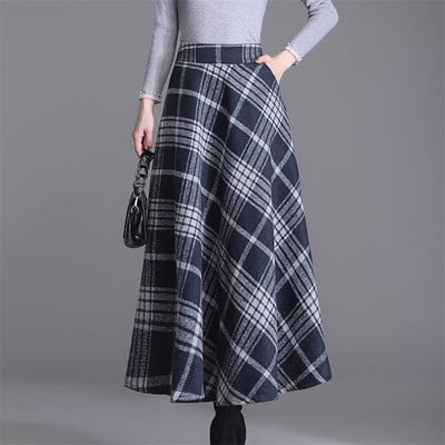 Ležerna karirana pletena suknja veće veličine Jesen Zima Elastična suknja visokog struka A kroja Ulična ženska elegantna duga suknja