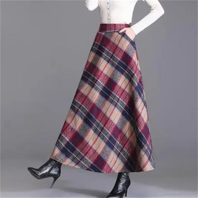 Ležerna karirana pletena suknja veće veličine Jesen Zima Elastična suknja visokog struka A kroja Ulična ženska elegantna duga suknja