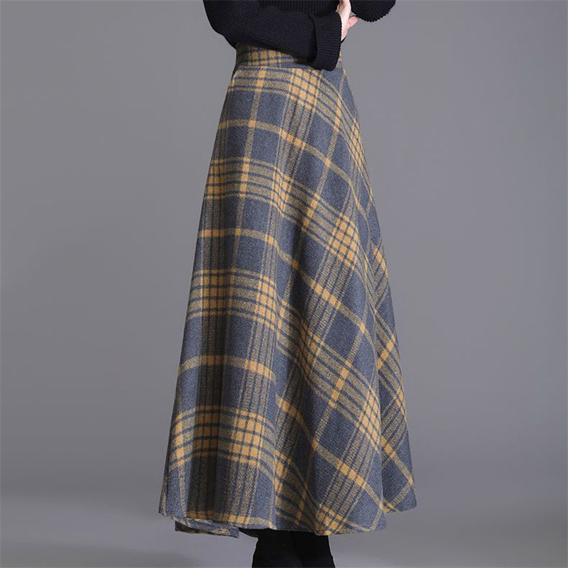 Ležerna karirana pletena suknja veće veličine Jesen Zima Elastična suknja visokog struka A kroja Ulična ženska elegantna duga suknja