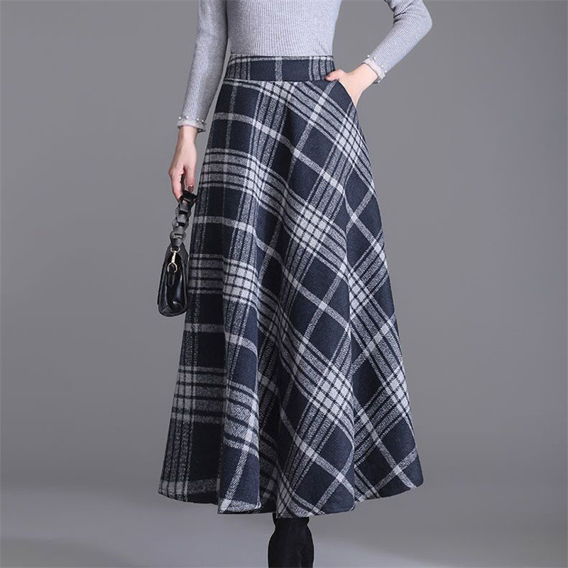 Ležerna karirana pletena suknja veće veličine Jesen Zima Elastična suknja visokog struka A kroja Ulična ženska elegantna duga suknja