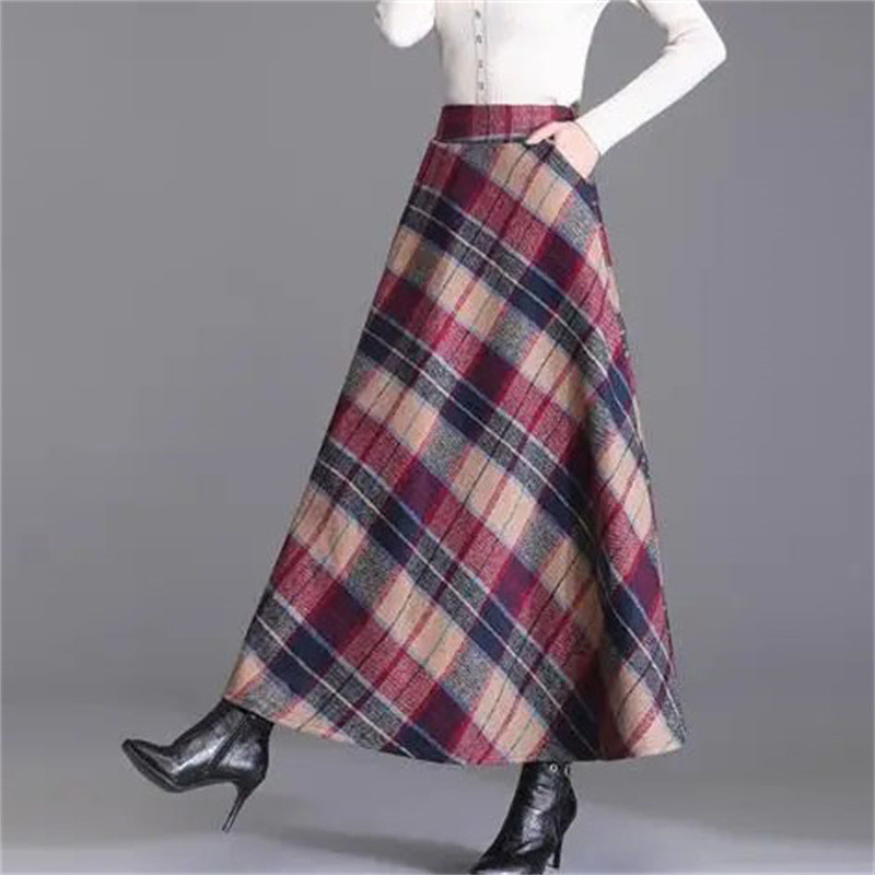 Ležerna karirana pletena suknja veće veličine Jesen Zima Elastična suknja visokog struka A kroja Ulična ženska elegantna duga suknja