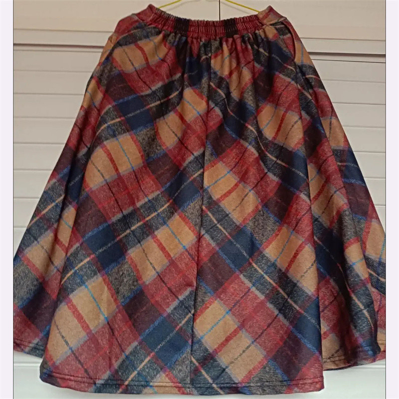 Ležerna karirana pletena suknja veće veličine Jesen Zima Elastična suknja visokog struka A kroja Ulična ženska elegantna duga suknja