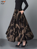 Suvine sügisene A-seeria elastne kõrge vöökohaga plisseeritud seelik Vintage trükiga Plus Size 4xl Vihmavarju seelik Naiste riided Pikad seelikud