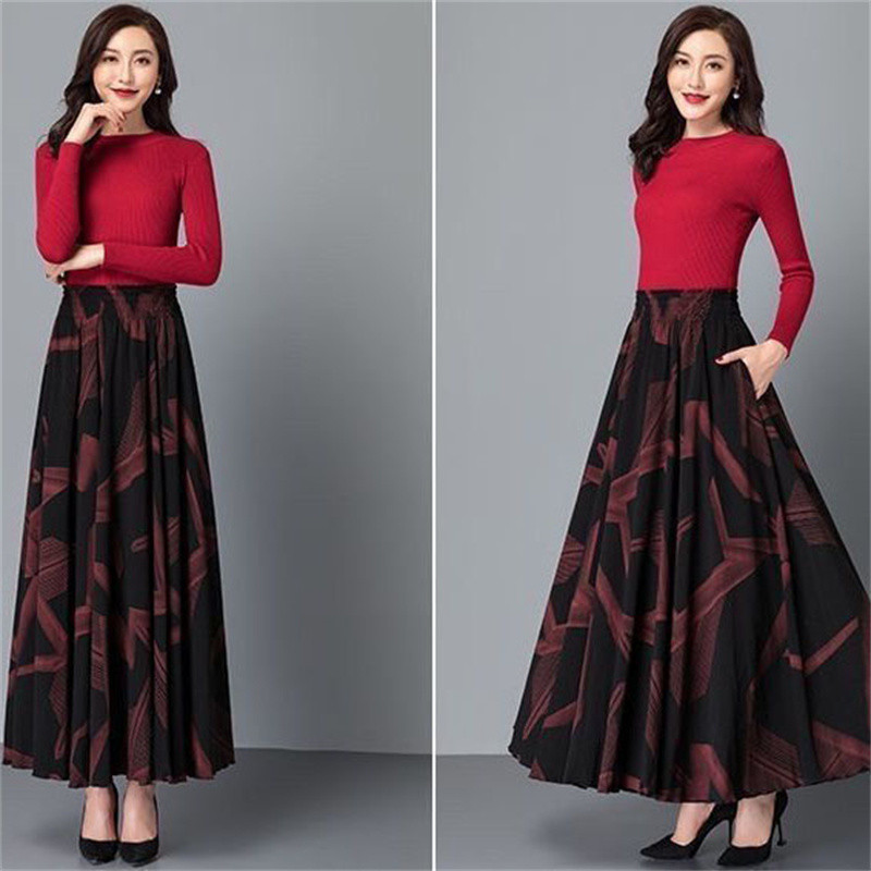 Suvine sügisene A-seeria elastne kõrge vöökohaga plisseeritud seelik Vintage trükiga Plus Size 4xl Vihmavarju seelik Naiste riided Pikad seelikud