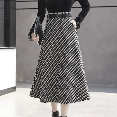 Houndstooth Print Plus Size Naiste riided A-line Midi seelikud Vintage lukuga kõrge vöökoht lahtised pikad seelikud Elegantne vabaaja seelik