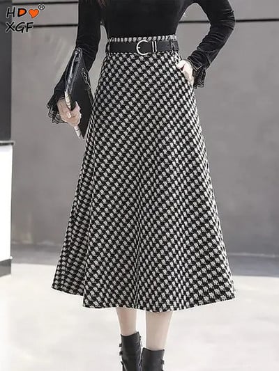 Houndstooth Print Plus Size Γυναικεία Ρούχα Midi Φούστες Vintage με φερμουάρ Ψηλόμεση Φαρδιά μακριές φούστες Κομψή casual φούστα