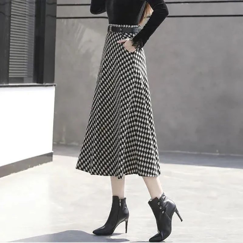 Houndstooth Print Plus Size Naiste riided A-line Midi seelikud Vintage lukuga kõrge vöökoht lahtised pikad seelikud Elegantne vabaaja seelik