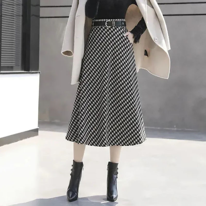 Houndstooth Print Plus Size Naiste riided A-line Midi seelikud Vintage lukuga kõrge vöökoht lahtised pikad seelikud Elegantne vabaaja seelik