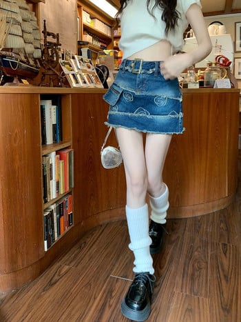 Нов голям размер Spice Girl ретро дънкова пола с висока талия Дамска Y2K лятна пола с нов дизайн с усещане за сурови ръбове A-line пола Къса пола