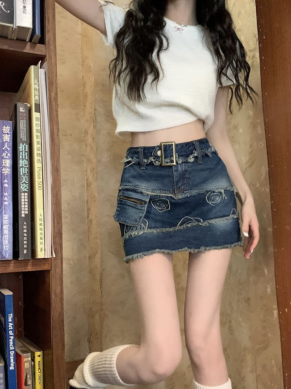 New Plus Size Spice Girl Vintage Ψηλόμεση Τζιν Φούστα Γυναικεία Y2K Καλοκαίρι Νέο Σχέδιο Sense Of Raw Edge Κοντή φούστα σε γραμμή Α
