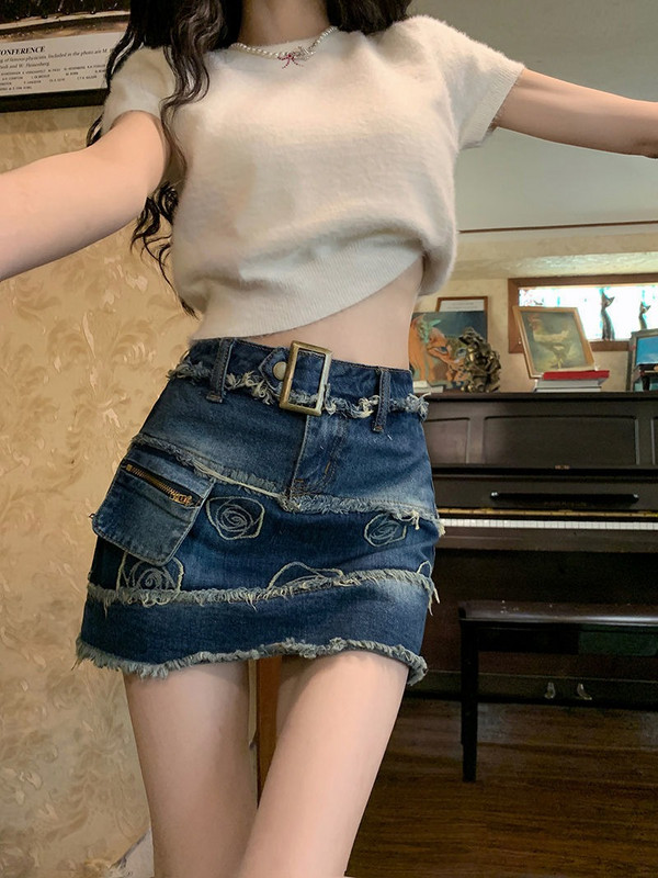 New Plus Size Spice Girl Vintage Ψηλόμεση Τζιν Φούστα Γυναικεία Y2K Καλοκαίρι Νέο Σχέδιο Sense Of Raw Edge Κοντή φούστα σε γραμμή Α