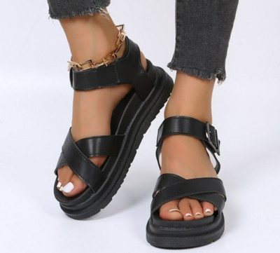 Дамски летни плажни сандали с отворени пръсти и плоски обувки на танкетка Секси дамски сандалии от PU кожа с голям размер