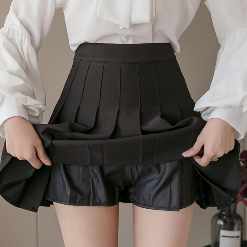 Női Nagy méretű 6XL 7XL 8XL Szexi mini redőzött szoknya fekete biztonsági rövidnadrággal Női gótikus Lolita Aline College School Girl Club