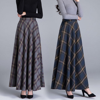 Плюс размер Вълнени карирани поли с висока талия 2020 Зимни топли дамски вълнени макси поли Офис Дамска мода Ежедневни дълги улични дрехи