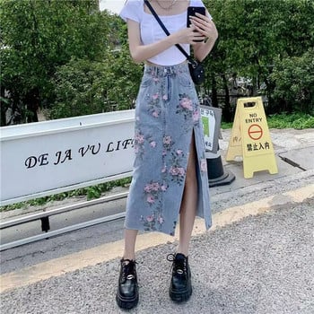 Големи размери Джобове с принт с пискюли Деним Дълга пола Ежедневна лятна Kawaii Елегантни сладки поли Свободни корейски модни дрехи за жени