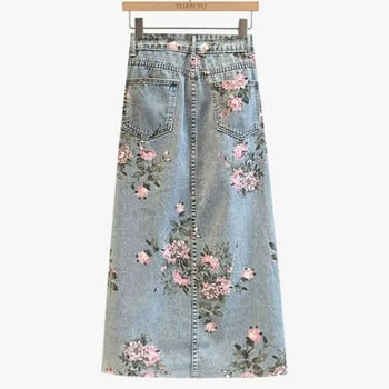 Τσέπες με στάμπα με φούντα τζιν μακριά φούστα Casual καλοκαιρινές κομψές γλυκές φούστες Kawaii Φαρδιά κορεατικά ρούχα για γυναίκες