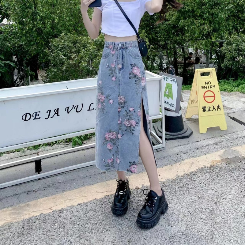 Suures suuruses Tuttprinteriga taskud Denim-pikk seelik vabaaja suvine Kawaii elegantsed magusad seelikud lahtised Korea moerõivad naistele