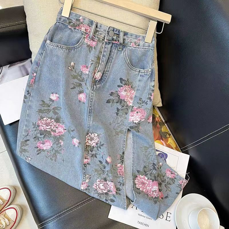 Suures suuruses Tuttprinteriga taskud Denim-pikk seelik vabaaja suvine Kawaii elegantsed magusad seelikud lahtised Korea moerõivad naistele