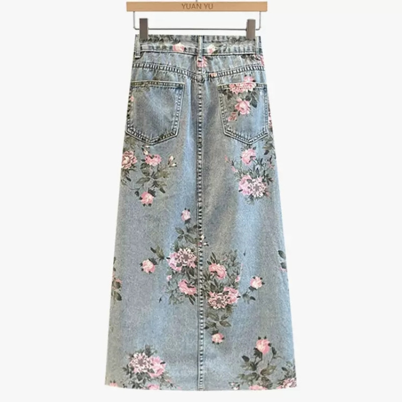 Suures suuruses Tuttprinteriga taskud Denim-pikk seelik vabaaja suvine Kawaii elegantsed magusad seelikud lahtised Korea moerõivad naistele