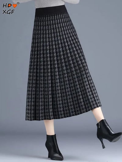 Casual Houndstooth Print Plus Size 80kg kootud pikad seelikud naistele Elastne kõrge vöökohaga A-line Midi seelik Elegantne plisseeritud seelik