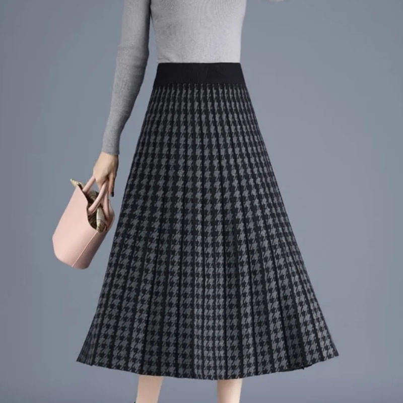 Ležerne duge pletene ženske suknje s uzorkom ptičje zube od 80 kg. Elastična midi suknja A-kroja visokog struka Elegantna plisirana suknja