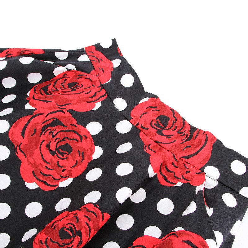 Ολόσωμη φούστα βαμβακερή πουά κόκκινο τριαντάφυλλο με στάμπα vintage 50`s rockabilly με τσέπες SK407FR2