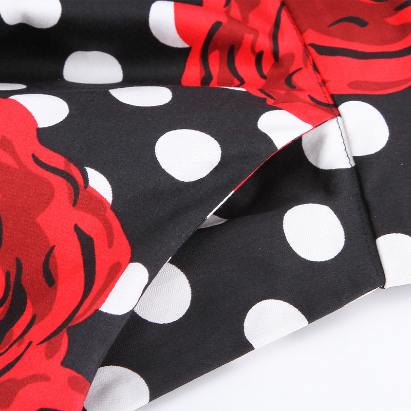 Ολόσωμη φούστα βαμβακερή πουά κόκκινο τριαντάφυλλο με στάμπα vintage 50`s rockabilly με τσέπες SK407FR2