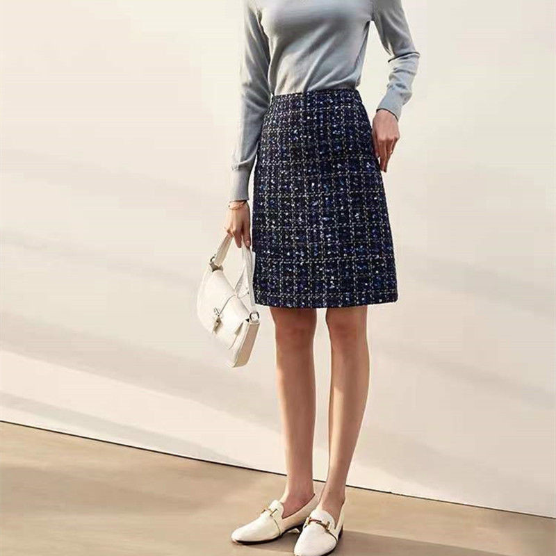 2023. ősz, tél, új női divat tweed kockás szoknyák női, magas derekú, A-vonalú szoknyák női karcsú, alkalmi gyapjúszoknyák Y573