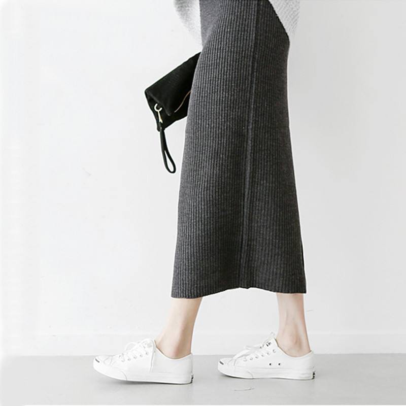 Ženske suknje Elastična jesen zima Topla pletena ravna suknja veće veličine Srednje duga suknja crna