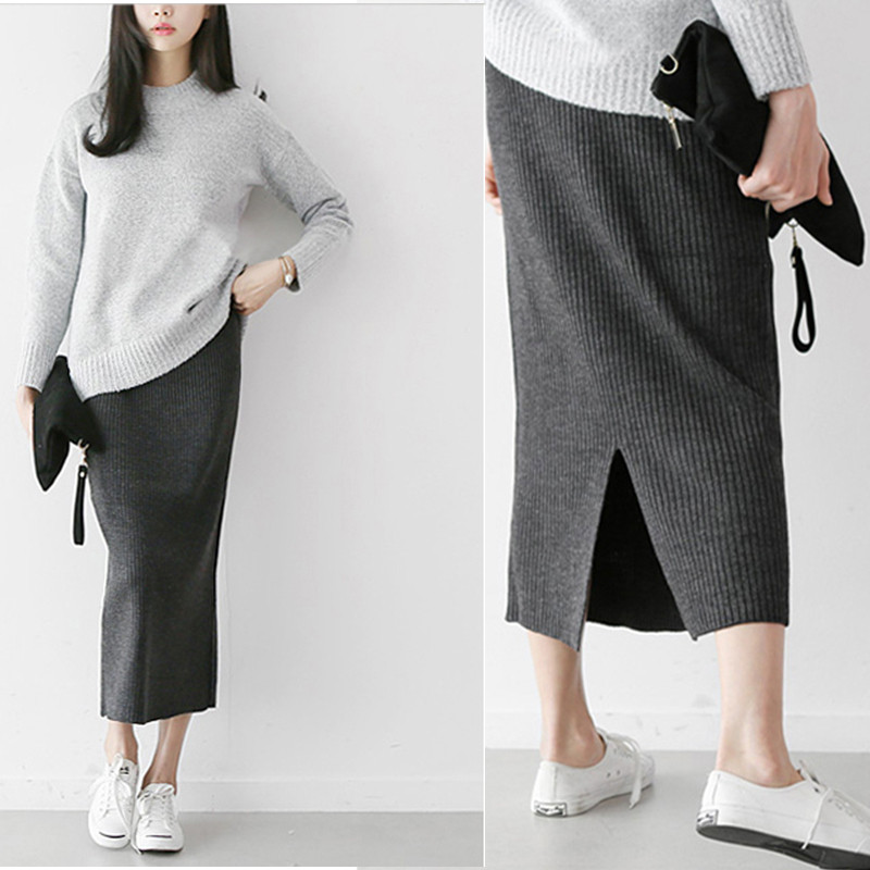 Ženske suknje Elastična jesen zima Topla pletena ravna suknja veće veličine Srednje duga suknja crna
