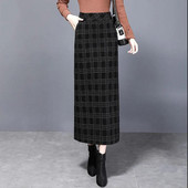 Jesenska i zimska ženska vunena midi velika uska karirana torba visokog struka, vintage modna ležerna uredska ženska suknja A-kroja