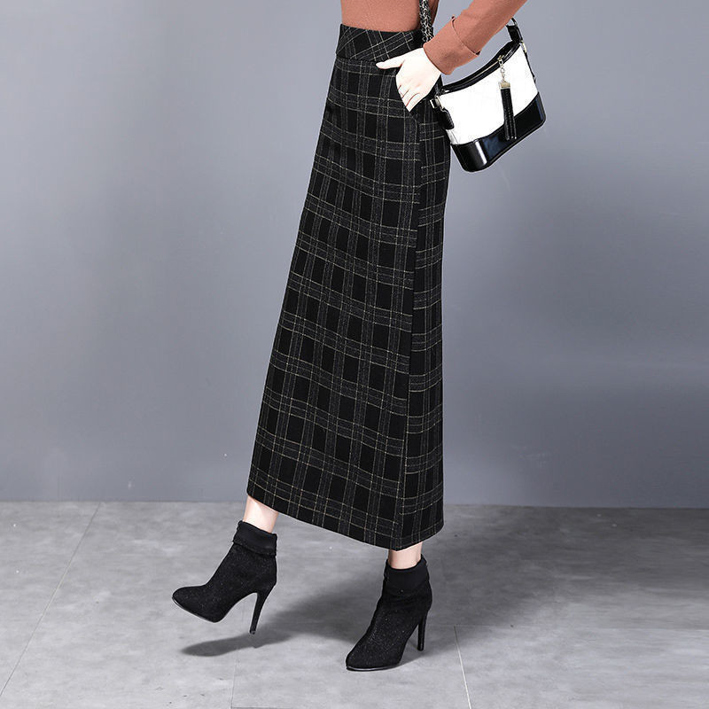 Jesenska i zimska ženska vunena midi velika uska karirana torba visokog struka, vintage modna ležerna uredska ženska suknja A-kroja