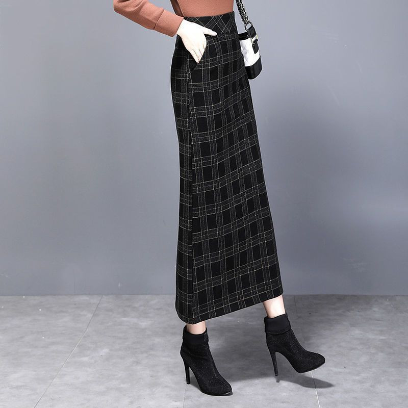 Jesenska i zimska ženska vunena midi velika uska karirana torba visokog struka, vintage modna ležerna uredska ženska suknja A-kroja