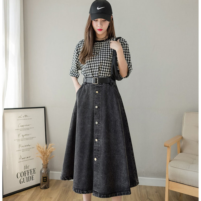 Suures suuruses teksaseelik naiste Faldase keskmise pikkusega must kõrge vöökohaga salendav üherealine A-joonega seelik Ropa De Mujer kleidid