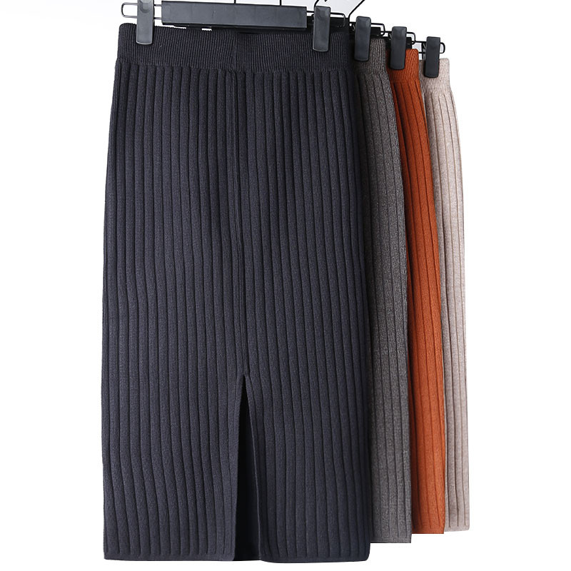 Modne jesen-zimske korejske pletene ženske suknje velike veličine s elastičnim strukom, midi suknje s podijeljenim olovkama, ženske suknje velikih veličina