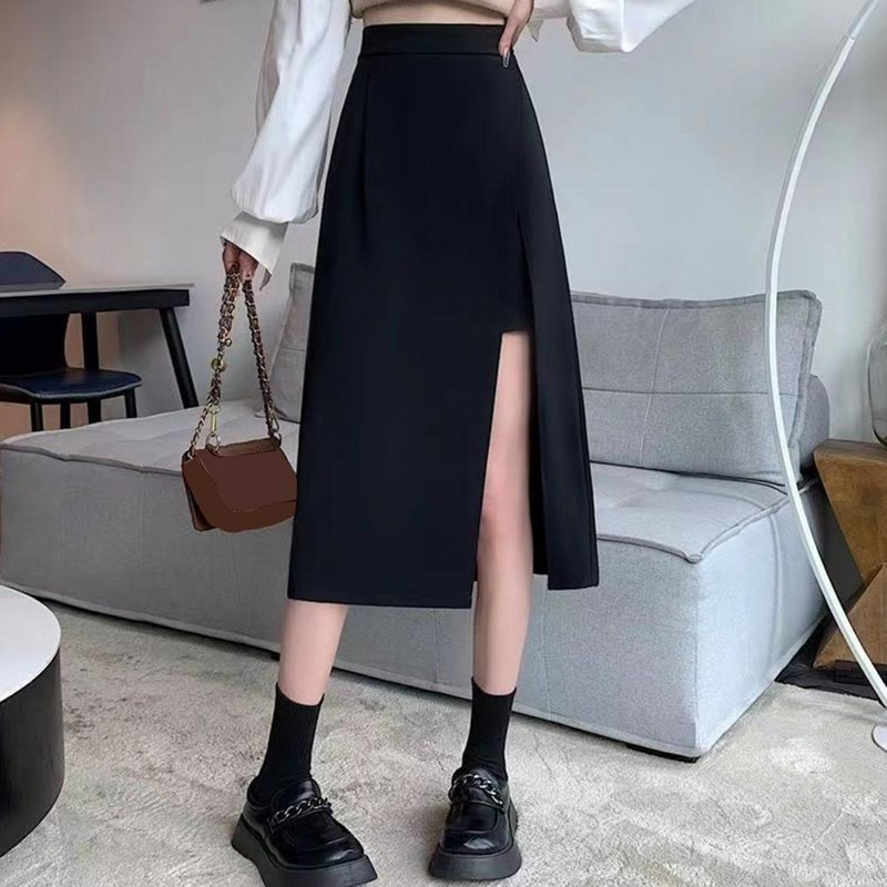 Naiste A-jooneline puusa seelik kõrge vöökohaga, pool jaotusäärega Midi seelik Plus Size Office Lady pikk seelik