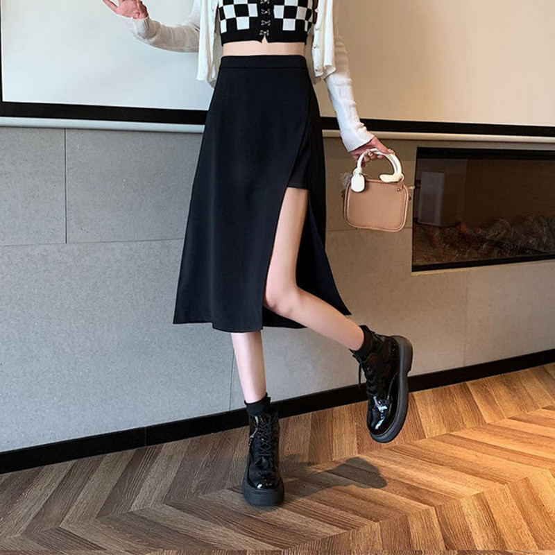 Suknja s visokim prorezom s bočne strane Elegantna uredska ženska suknja velike veličine Midi suknja A-kroja visokog struka s bočnim podijeljenim porubom omotanim bokovima