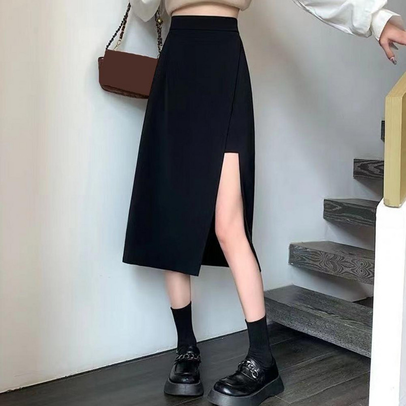 Suknja s visokim prorezom s bočne strane Elegantna uredska ženska suknja velike veličine Midi suknja A-kroja visokog struka s bočnim podijeljenim porubom omotanim bokovima