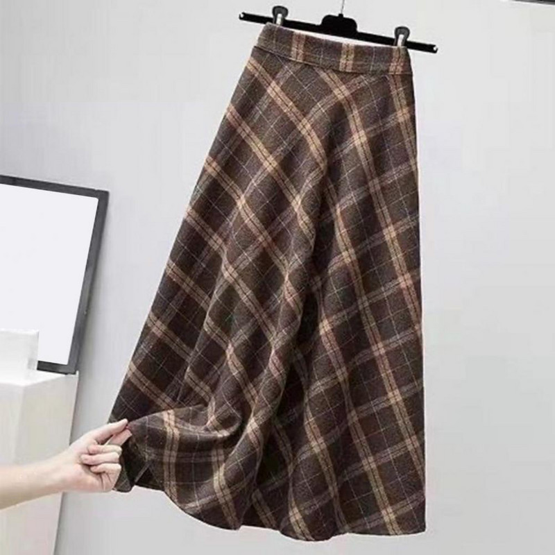 Μεγάλο μέγεθος φούστα σε γραμμή Α Κομψή φούστα με μεγάλο στρίφωμα καρό τύπωμα Midi φούστα σε γραμμή Α με υψηλή ελαστική μέση χοντρή ζεστή μαλακή για το φθινόπωρο