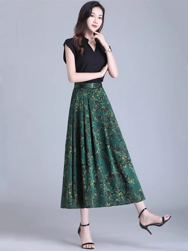 Svilene veće veličine vintage cvjetne proljetne ljetne ležerne široke duge ženske suknje visokog struka Ženska odjeća za suknje 2024.