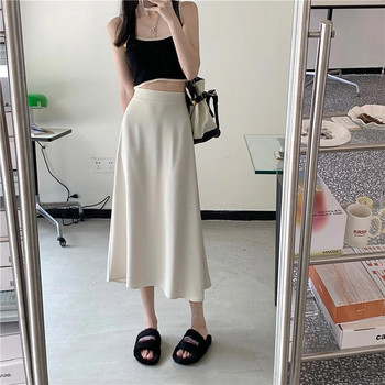 Летни поли Дамски корейски модни едноцветни миди пола, широки ежедневни долнища Винтидж тънка пола с A-силует Дамски Y2k дрехи