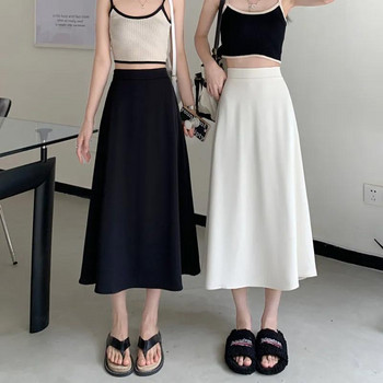 Летни поли Дамски корейски модни едноцветни миди пола, широки ежедневни долнища Винтидж тънка пола с A-силует Дамски Y2k дрехи