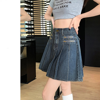 Mini fustă plisată de denim de vară pentru femei noi, la modă, ocazională, cu talie înaltă, fustă albastră, vintage, cu dimensiuni mari, blugi