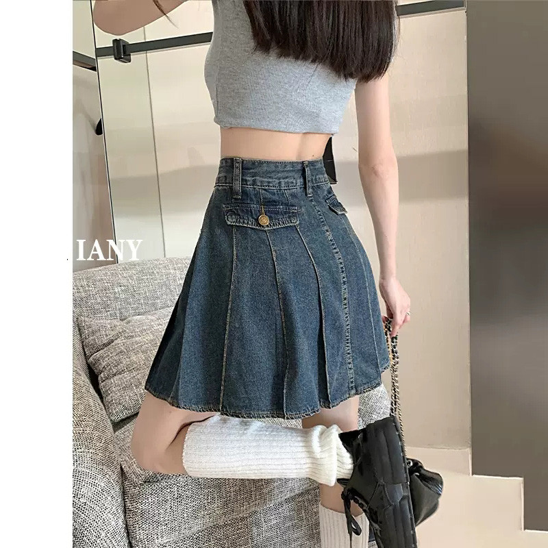 Mini fustă plisată de denim de vară pentru femei noi, la modă, ocazională, cu talie înaltă, fustă albastră, vintage, cu dimensiuni mari, blugi